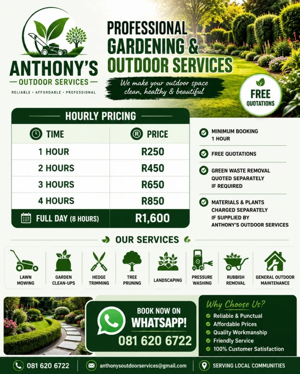 ANTHONY'S OUTDOOR SERVICES — garden care in Roodepoort
